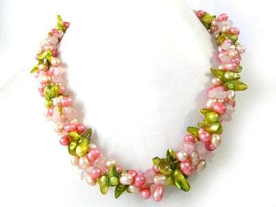 GREEN AND PINK FRESHWATER PEARLS WITH  ROSE QUARTZ  GEMSTONES