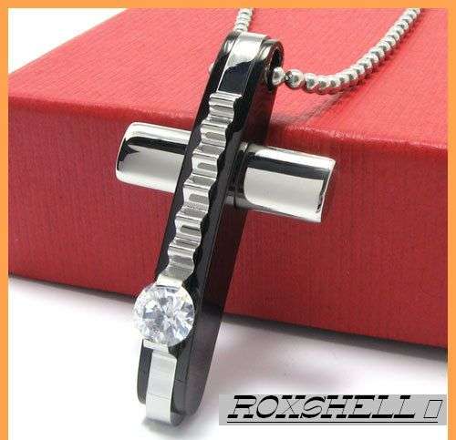 STAINLESS STEEL  CROSS PENDANT  CUBIC ZIRCONIA   BLACK AND SILVER