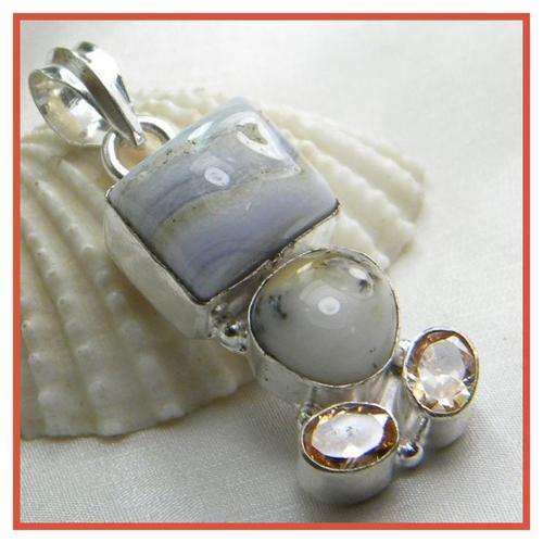 BLUE LACE AGATE DENDRITE OPAL AND QUARTZ PENDANT 32MM X 14MM EXCL BAIL 925 STERLING SILVER