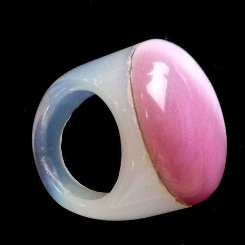 OPALITE AND PINK CATS EYE CUT OUT AND JOINED TOGETHER INTO THIS MAGNIFICANT RING