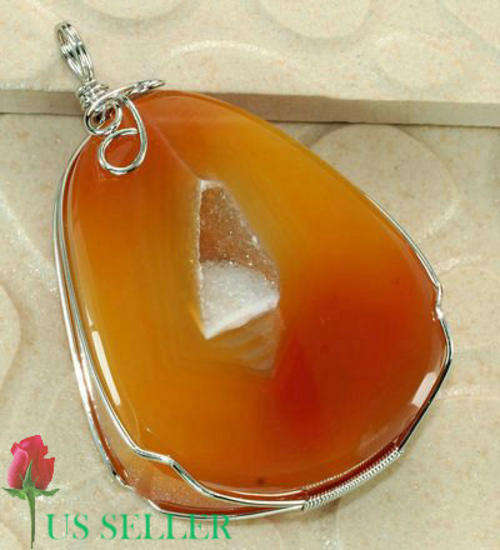 CARNELIAN AGATE DRUZY GEMSTONE 925 S.S.P. WIRE WRAP PENDANT 66X42X15MM THICK