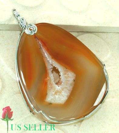 CARNELIAN  AGATE DRUZY  GEMSTONE  925 S.S.P.  WIRE WRAP PENDANT  43 GRMS