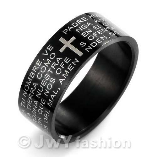 size 8 AND 9     STAINLESS STEEL  RING  LORD PRAYER SPANISH   8MM WIDE 2.1 MM THICK