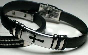 STAINLESS STEEL AND ION RUBBER  CROSS  BRACELET