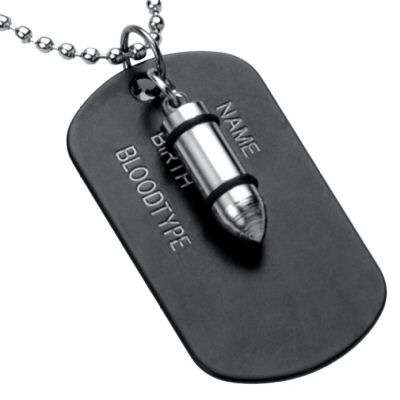 MENS SILVER and BLACK STAINLESS STEEL BULLET AND  DOG TAG