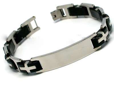 STAINLESS STEEL 316L SILVER AND BLACK RUBBER CROSS LINKED BRACKLET