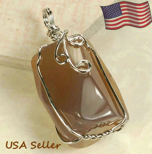 SMOKEY AGATE 18K WGP WIRE WRAP PENDANT   33MM X 21MM X 23      31GRMS