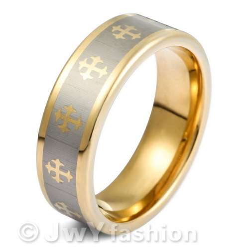 SOLID TUNGSTEN GOLD WEDDING BAND WITH   SANDBLASED CROSSPATTERN IN SILVER *****SIZE 10 AVAILABLE***