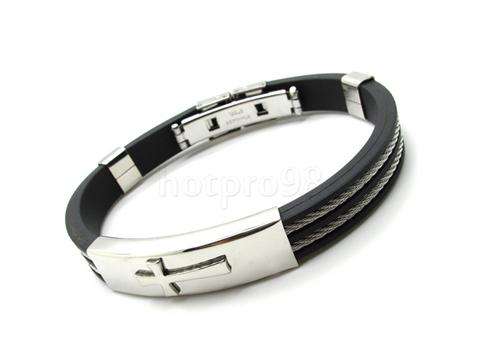 MANS STAINLESS STEEL 316L SILVER  CROSS ON BLACK ION RUBBER BRACELET