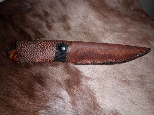 SANJIA FULL TANG KNIVE WITH HANDMADE WOOD HANDLE AND LEATHER SCABBARD