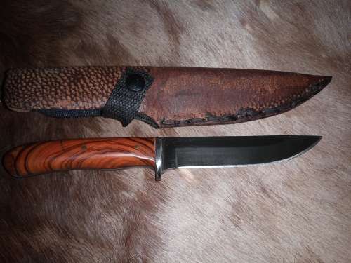 SANJIA FULL TANG KNIVE WITH HANDMADE WOOD HANDLE AND LEATHER SCABBARD