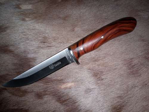 SANJIA FULL TANG KNIVE WITH HANDMADE WOOD HANDLE AND LEATHER SCABBARD