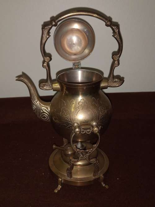 VINTAGE SOLID BRASS TEA KETTLE ON STAND WITH BURNER