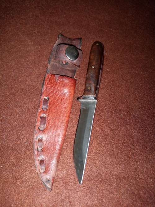 HANDMADE KNIFE USING COLUMBIA  MODEL K-89 BLADE HANDLE MADE WITH BUSHVELD HARDEHOUT & LEATHER SHEET