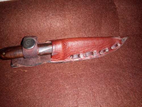 HANDMADE KNIFE USING COLUMBIA  MODEL K-89 BLADE HANDLE MADE WITH BUSHVELD HARDEHOUT & LEATHER SHEET