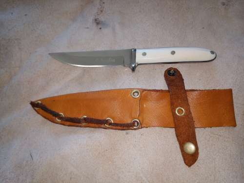 HUNTING KNIFE WITH HANDMADE IVORY HANDLE AND LEATHER SCABBARD