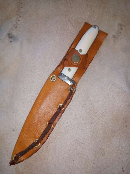 HUNTING KNIFE WITH HANDMADE IVORY HANDLE AND LEATHER SCABBARD