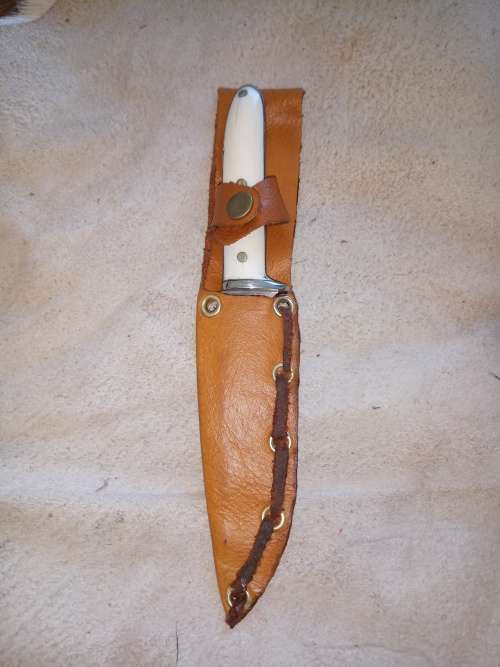 HUNTING KNIFE WITH HANDMADE IVORY HANDLE AND LEATHER SCABBARD