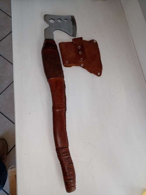 AXE HEAT TREATED  SS BLADE, HANDMADE HANDLE MADE WITH WOOD AND COVERED WITH LEATHER, VERY SHARP