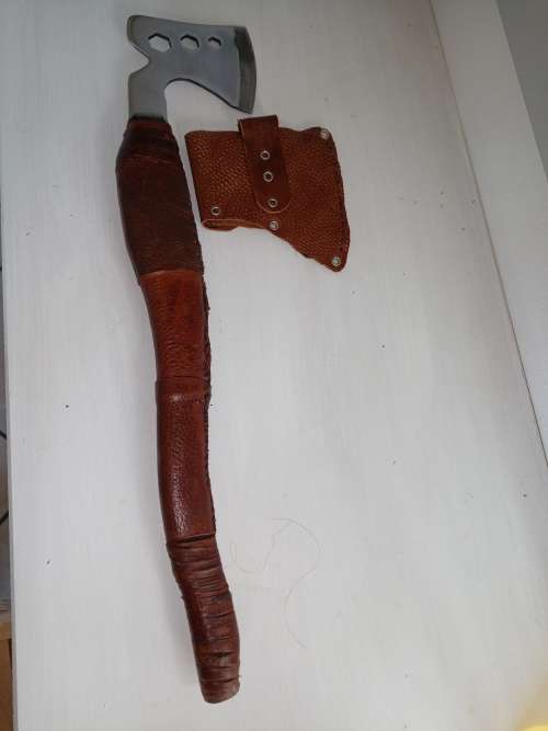 AXE HEAT TREATED  SS BLADE, HANDMADE HANDLE MADE WITH WOOD AND COVERED WITH LEATHER, VERY SHARP