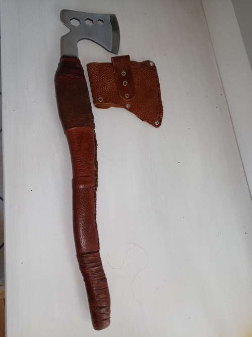 AXE HEAT TREATED  SS BLADE, HANDMADE HANDLE MADE WITH WOOD AND COVERED WITH LEATHER, VERY SHARP