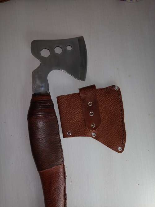 AXE HEAT TREATED  SS BLADE, HANDMADE HANDLE MADE WITH WOOD AND COVERED WITH LEATHER, VERY SHARP