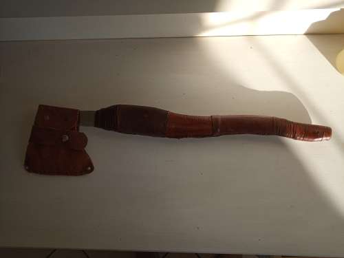 AXE HEAT TREATED  SS BLADE, HANDMADE HANDLE MADE WITH WOOD AND COVERED WITH LEATHER, VERY SHARP