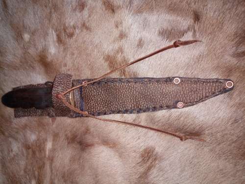 HUNTING KNIFE WITH HANDMADE HANDLE AND LEATHER SCABBARD