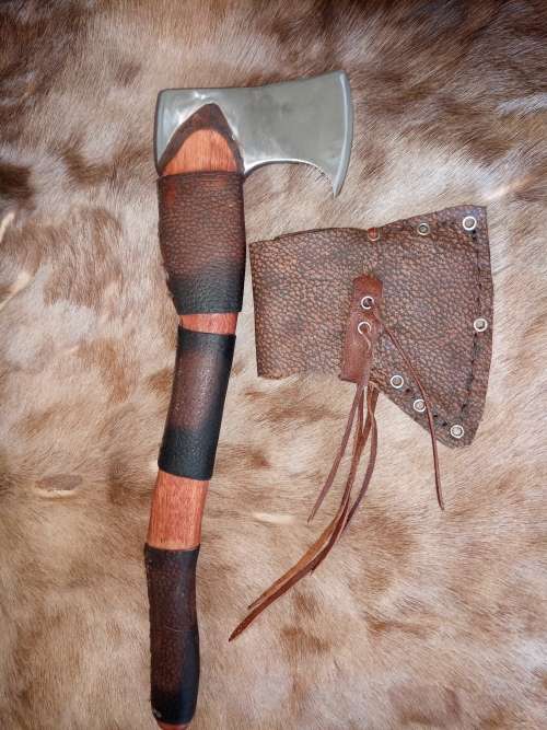 HANDMADE VIKING AXE CARBON STEEL AND HAND MADE LEATHER SHEATH