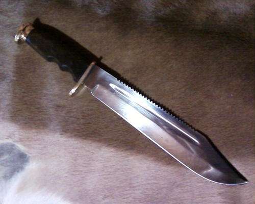 42CM HANDMADE BOWIE KNIFE BY JWK KNIFE MAKERS BLADE 440SS STEEL HANDLE COPPER GUARDS AND WOOD