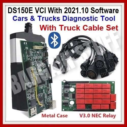 Delphi DS150E OBDII Bluetooth Diagnostic Tool with Latest software 2021.10b and 8pcs Truck Cables