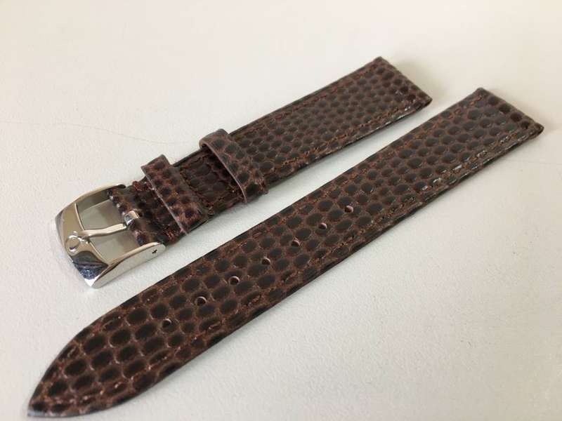 Omega 18mm dark brown leather gents watch strap - snake skin finish
