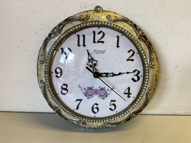 Vintage quartz wall clock - fancy jeweled mother of pearl case