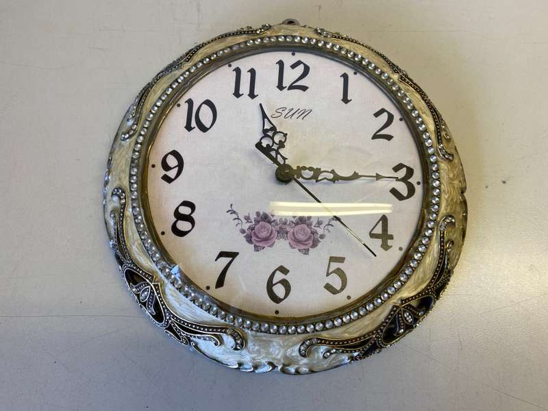 Vintage quartz wall clock - fancy jeweled mother of pearl case