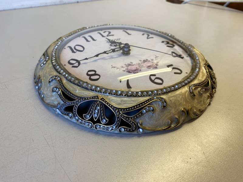 Vintage quartz wall clock - fancy jeweled mother of pearl case