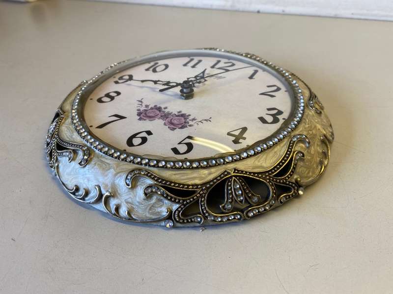 Vintage quartz wall clock - fancy jeweled mother of pearl case