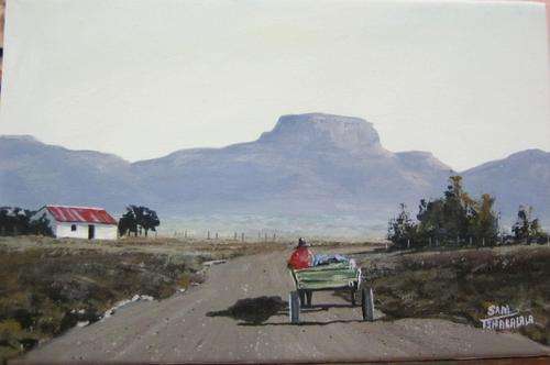 Sam Tshabalala. Canvas 30x20 . Typical Easter Free State Donkey Car scene