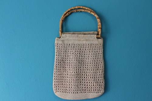 Vintage Boho Bag with Crochet Bucket Style Detailing and Wooden Handle (28 x 36cm)