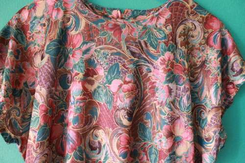 Vintage Drop Waist Dress in Muted Brown, Green and Pink Tones (Medium / Large)