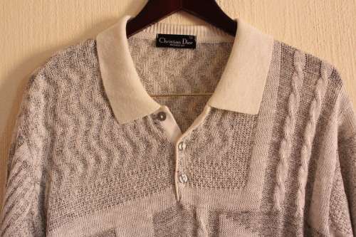 Vintage Cream and White Knit Shirt by "Christian Dior" (Large)