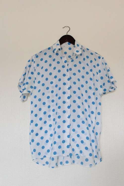Blue and White Pokka Dot Button Up (Large /XL) Needs some TLC