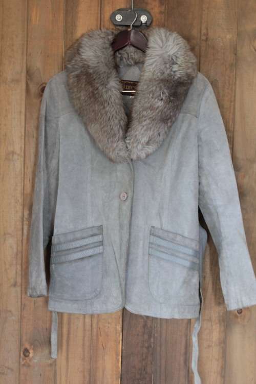 Grey Leather Jacket with Faux Fur (Medium)
