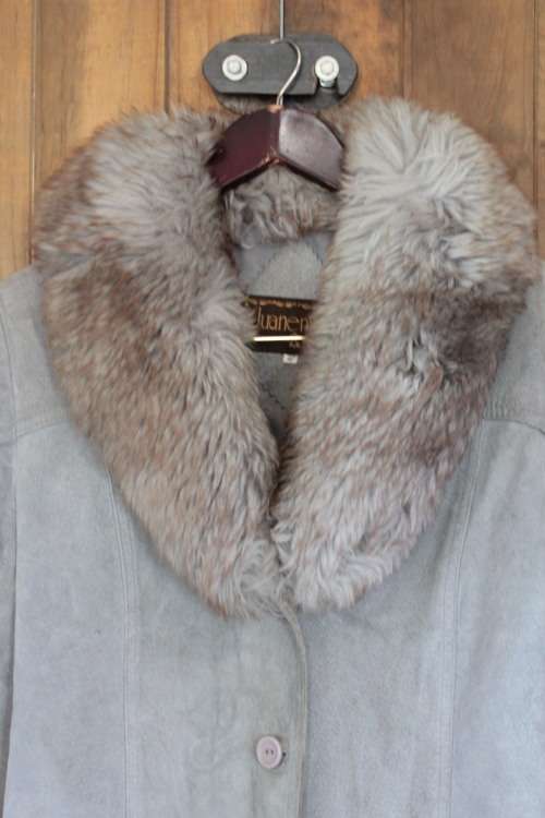 Grey Leather Jacket with Faux Fur (Medium)