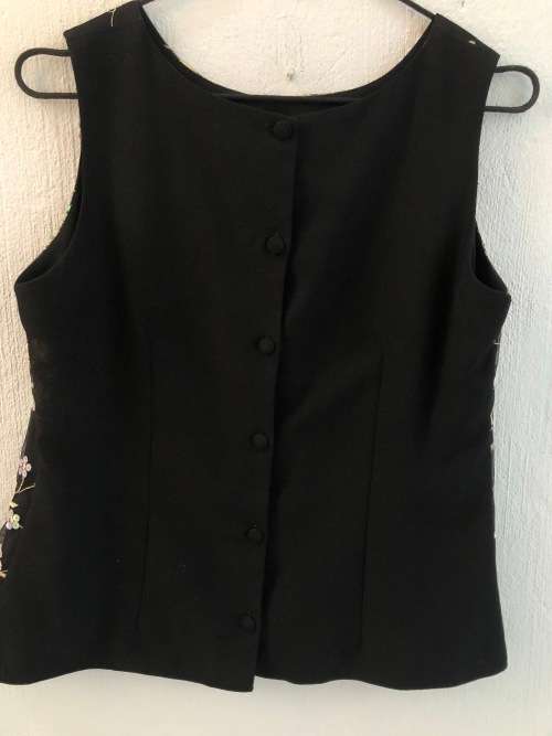 Black Top with Embroidery Detail and Button Up Back (Size 12)