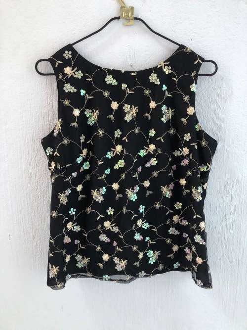 Black Top with Embroidery Detail and Button Up Back (Size 12)