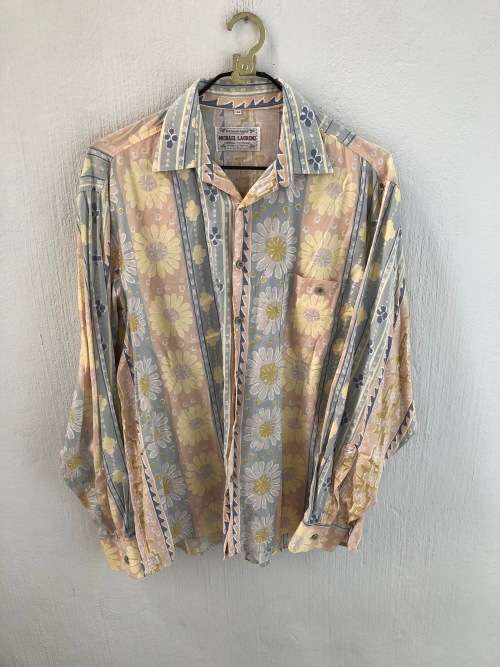 Vintage Pastel Pink and Blue Button Up Shirt (Medium / Large)