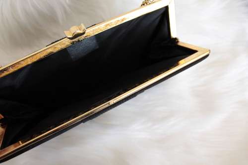 Black Vintage Bag / Clutch with Gold Chain (Measures 12.5 x 23.5 cm)