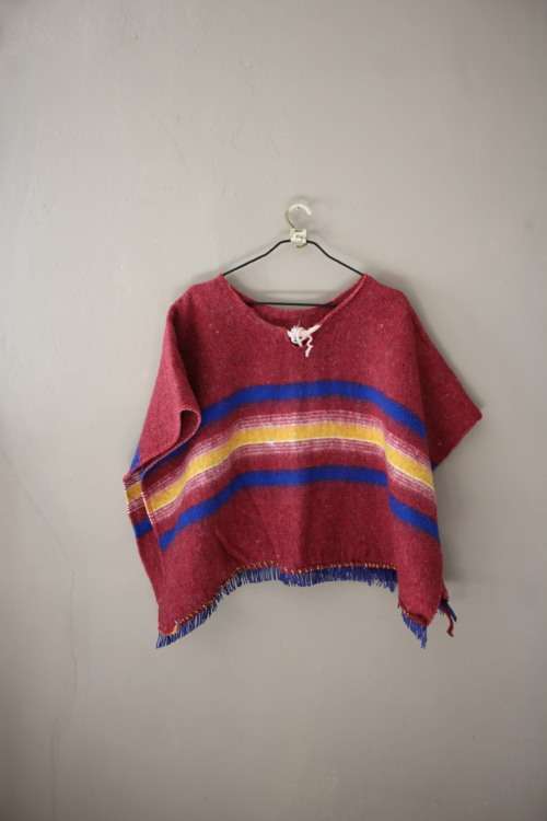 Red Poncho with Blue Tassels (Free size)