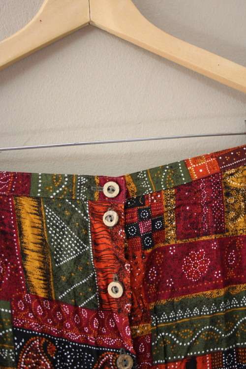 Vintage Patchwork Print Boho Button Up Skirt (Size 36)