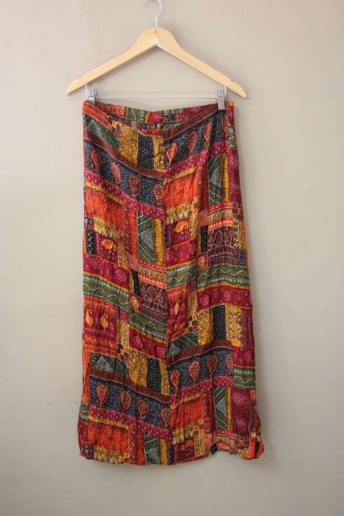 Vintage Patchwork Print Boho Button Up Skirt (Size 36)
